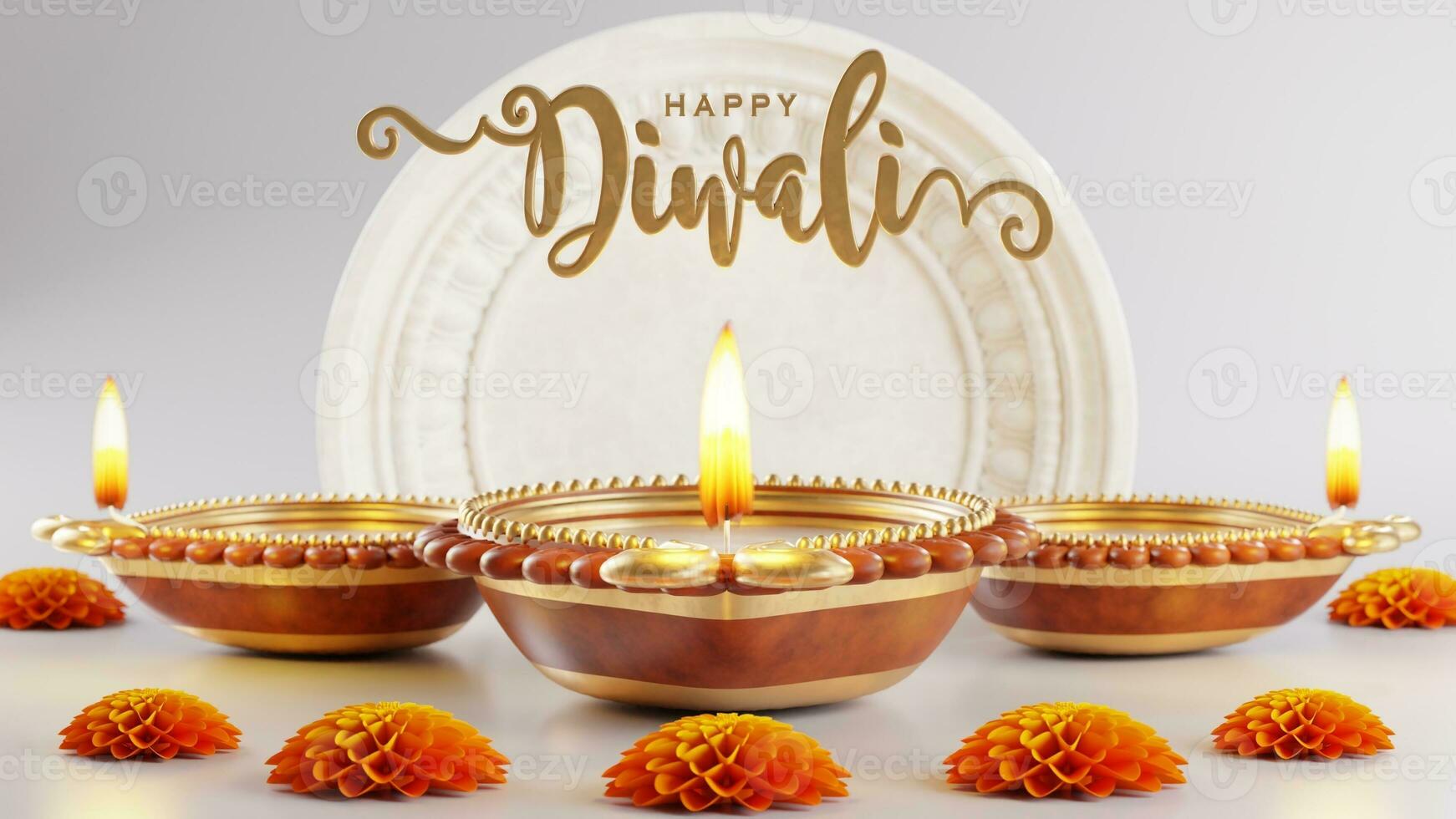 3d interpretazione per Diwali Festival diwali, Deepavali o dipavali il Festival di luci India con oro diya su podio, fantasia e cristalli su colore sfondo. foto