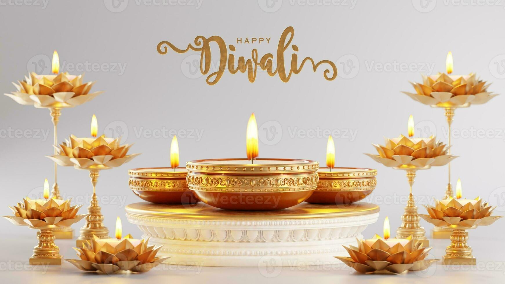 3d interpretazione per Diwali Festival diwali, Deepavali o dipavali il Festival di luci India con oro diya su podio, fantasia e cristalli su colore sfondo. foto