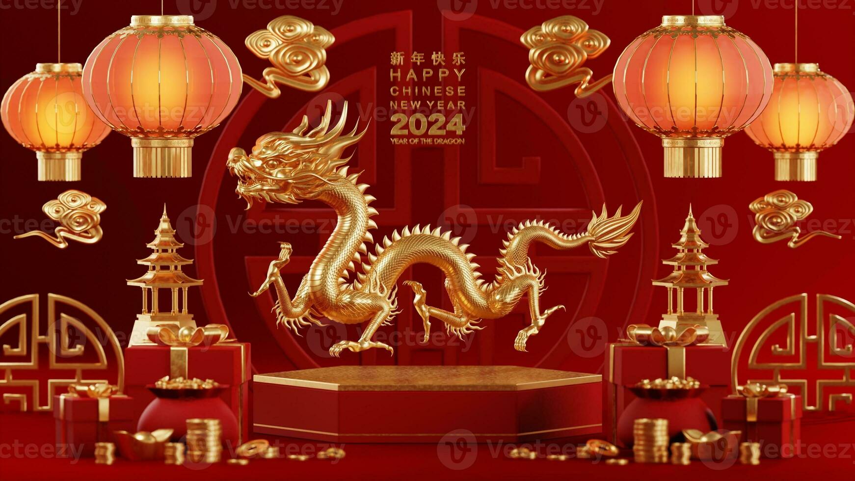 3d interpretazione illustrazione per contento Cinese nuovo anno 2024 il Drago zodiaco cartello con fiore, lanterna, asiatico elementi, rosso e oro su sfondo. foto