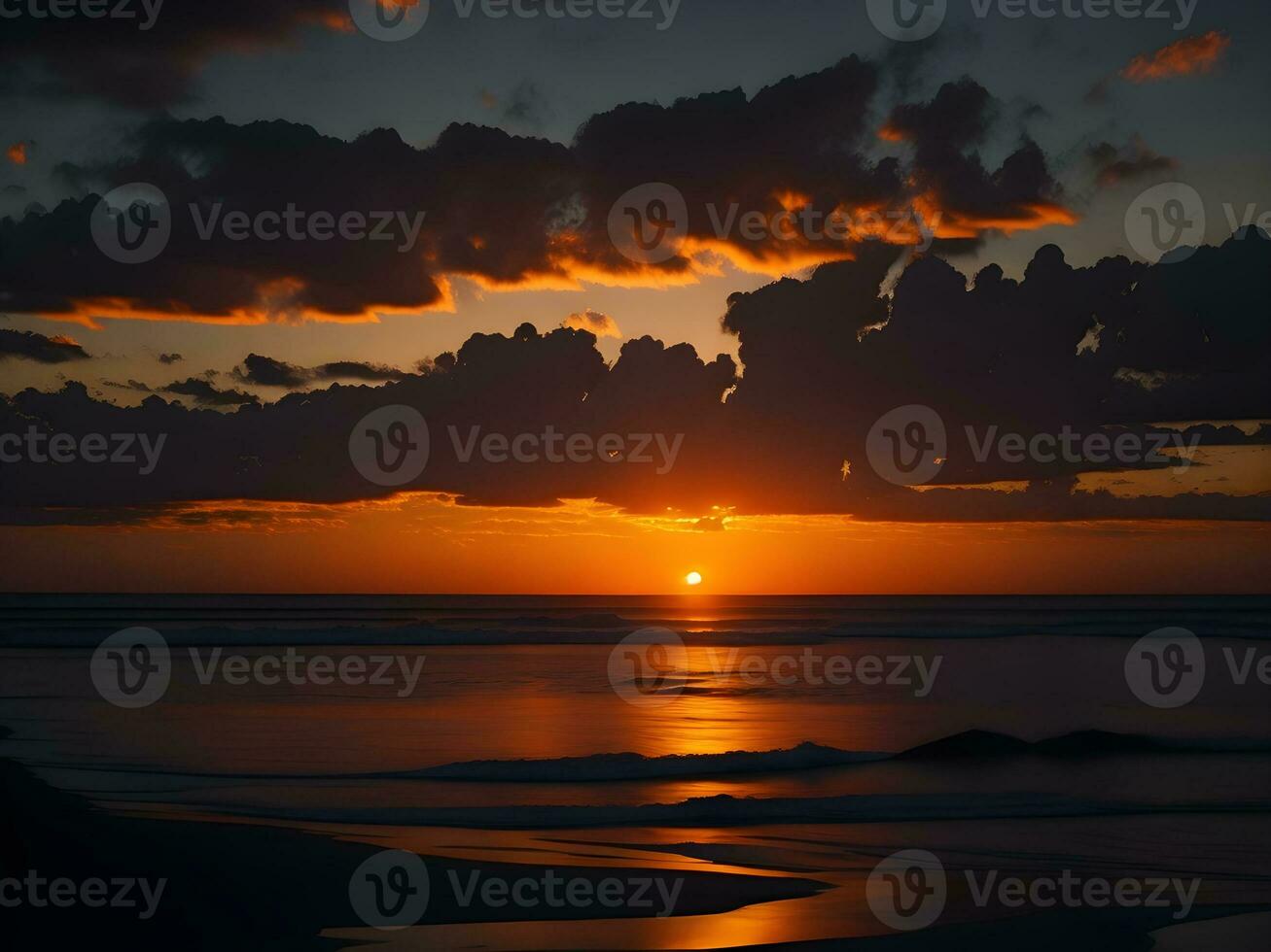 bellissimo tramonto su il spiaggia con nuvole al di sopra di il mare e montagne foto