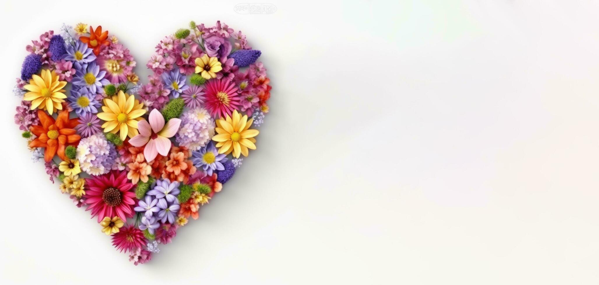 vario colore pieno fiori nel forma di cuore disposizione. piatto posare mazzo. amore concetto. isolato su bianca sfondo superiore Visualizza ai generato foto