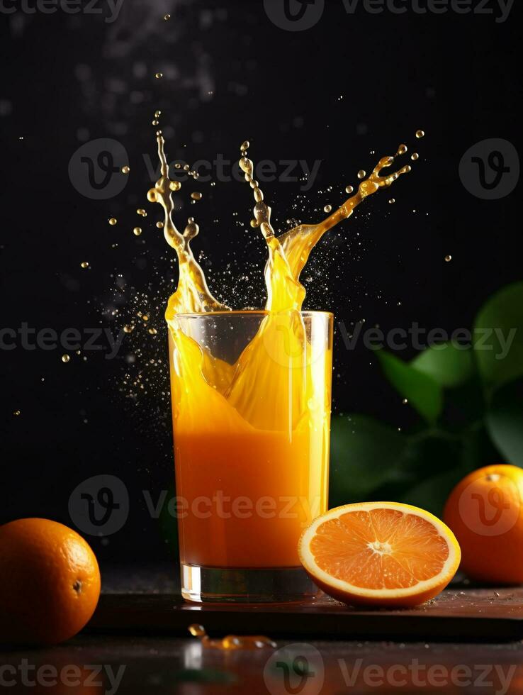 arancia succo essere versato in un' bicchiere con spruzzata. creato con generativo ai tecnologia foto