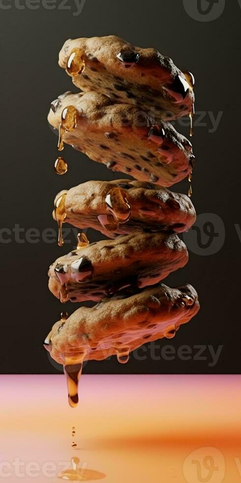 galleggiante pila di appena al forno cioccolato patata fritta biscotti piovigginato con caldo sciroppo. creato con generativo ai tecnologia foto