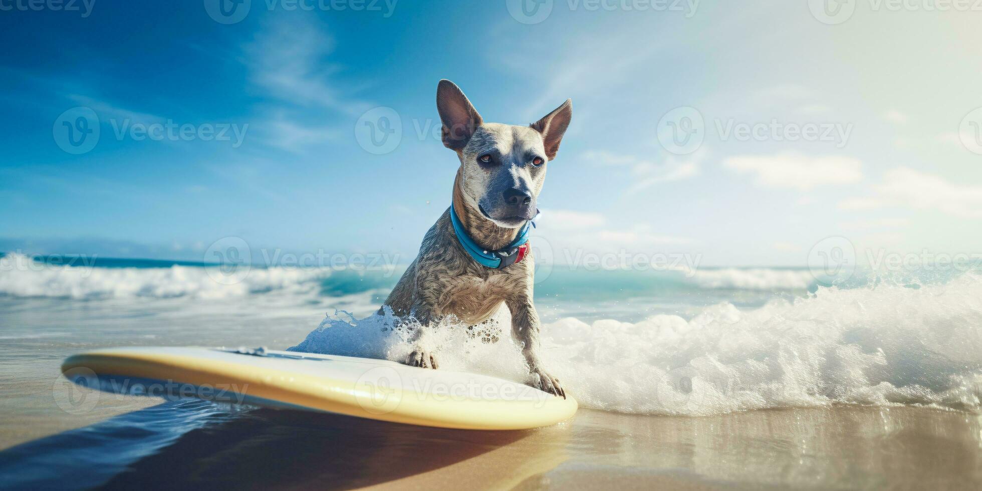 cane equitazione tavola da surf su soleggiato spiaggia. creato con generativo ai tecnologia foto