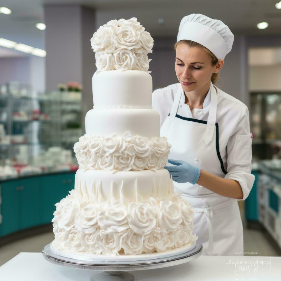 pasticciere cuoce un' grande bianca a tre livelli nozze torta foto