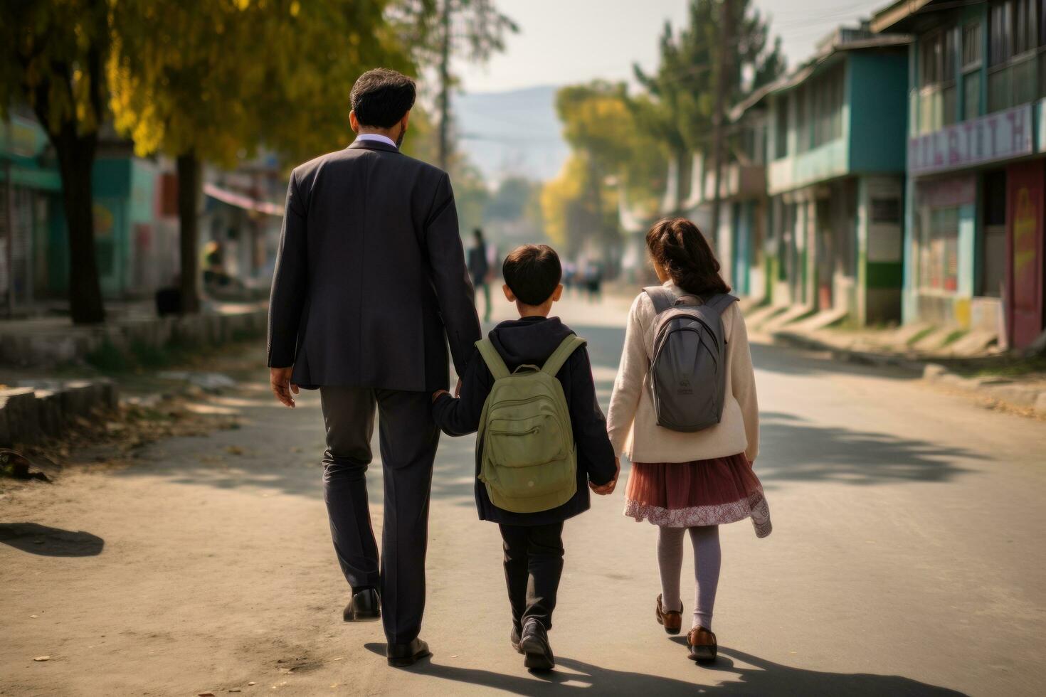 genitori e bambino partire per scuola foto