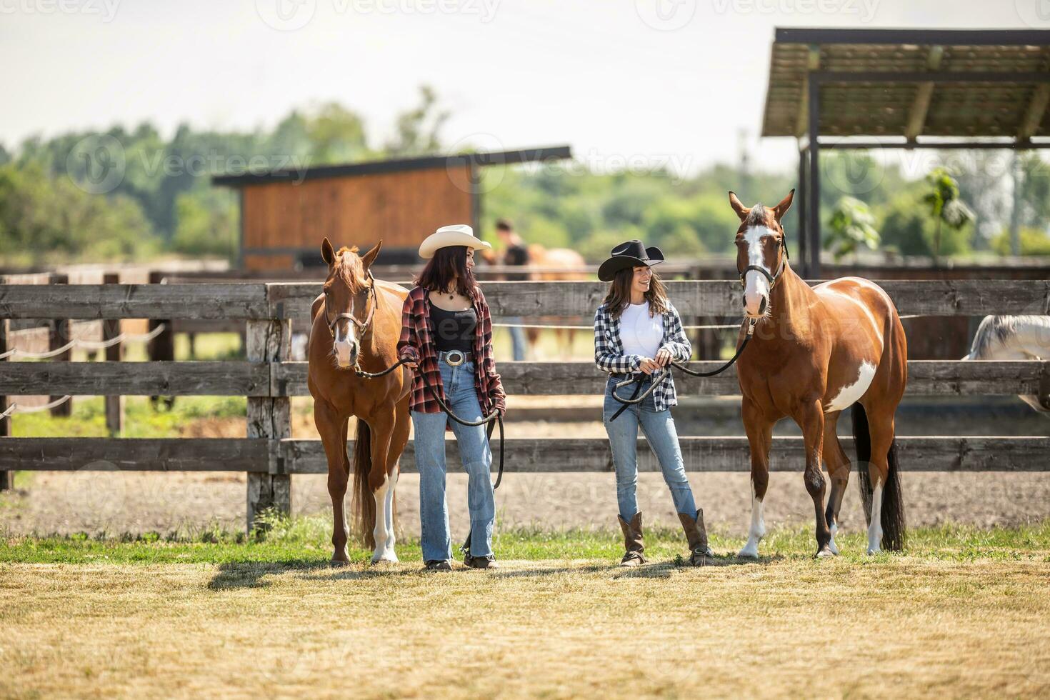 Due giovane cowgirl camminare loro dipingere cavalli su un' ranch nel il estate foto