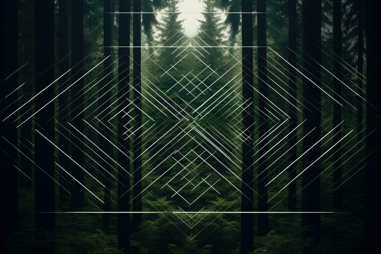 digitale composito di triangoli e buio foresta con alberi nel il sfondo, un' Impressionante astratto geometrico modello composto di intersecano linee, ai generato foto