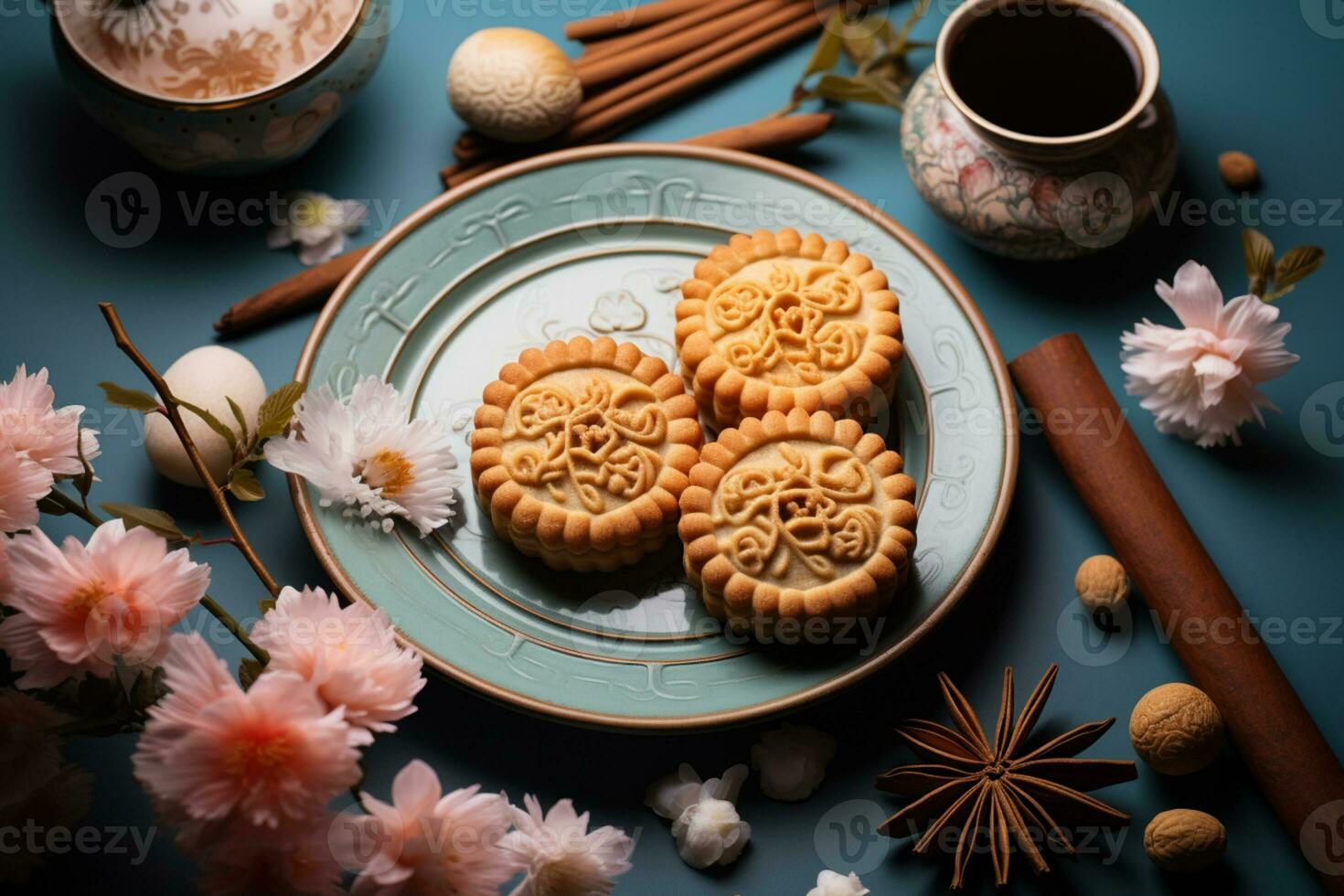 piatto di mooncakes servito con tè su blu sfondo foto