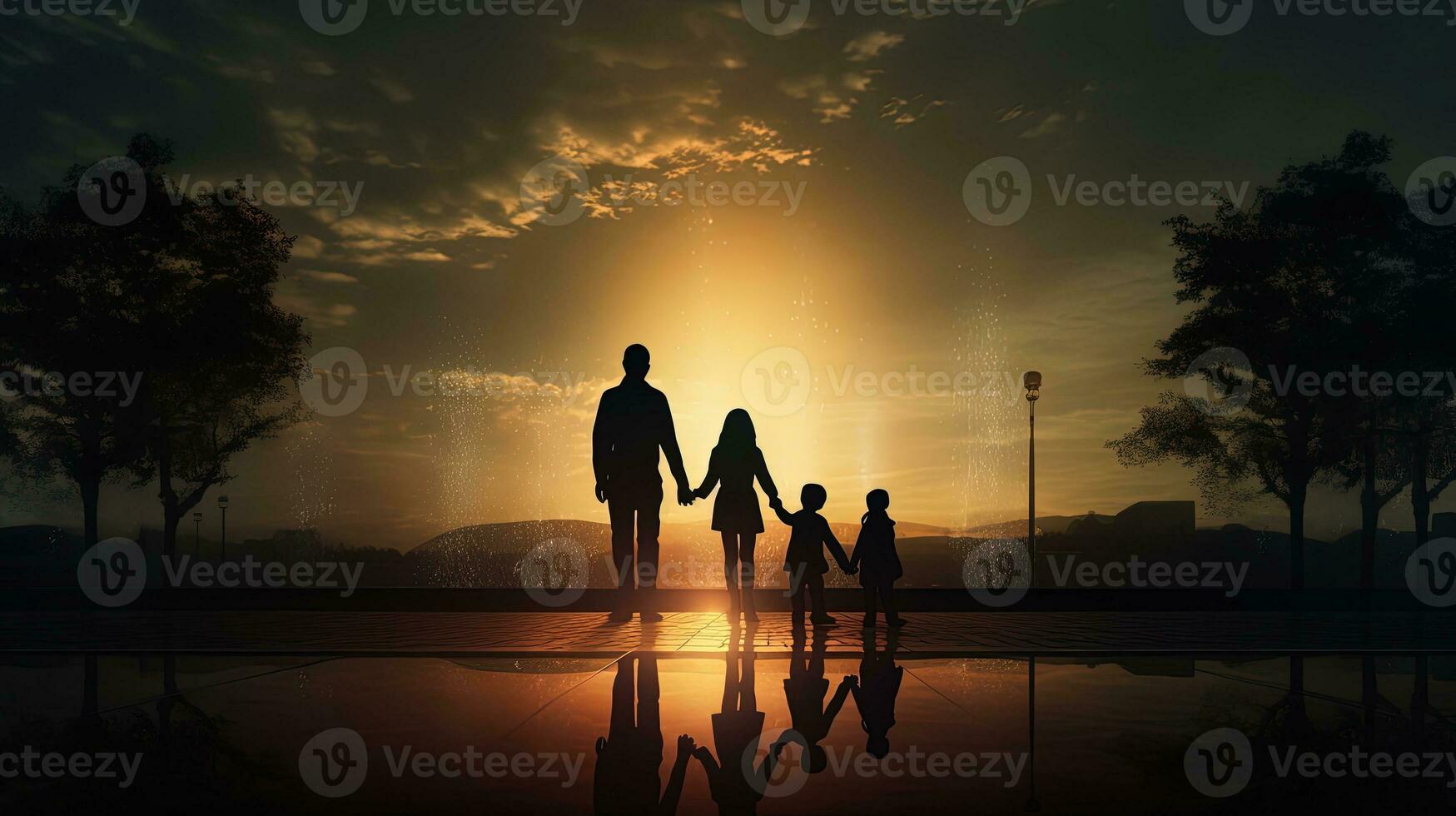famiglia a piedi in direzione acqua caratteristica. silhouette concetto foto