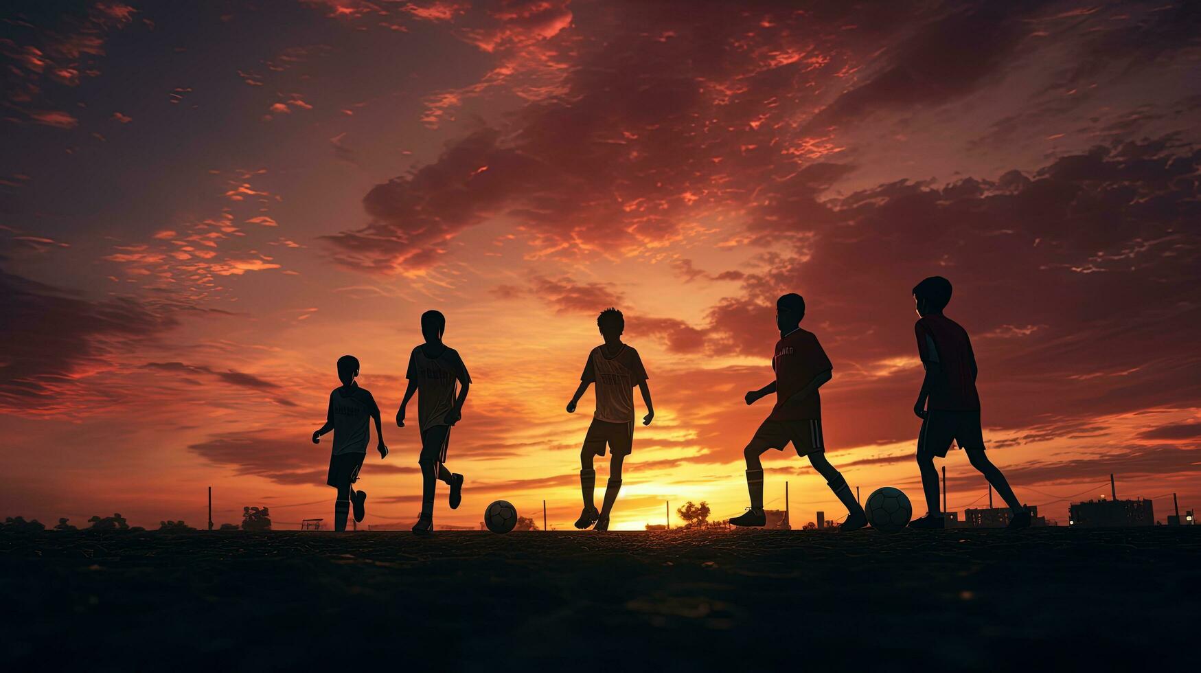 calcio Giocatori ombre su il sera cielo. silhouette concetto foto