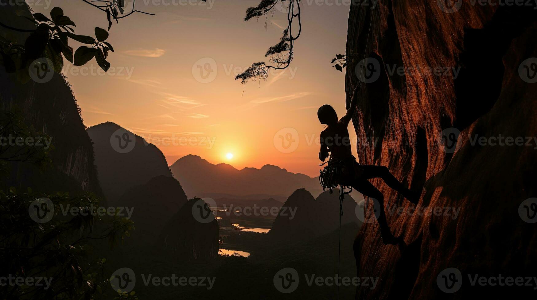 arrampicata donna S silhouette nel railey Tailandia foto