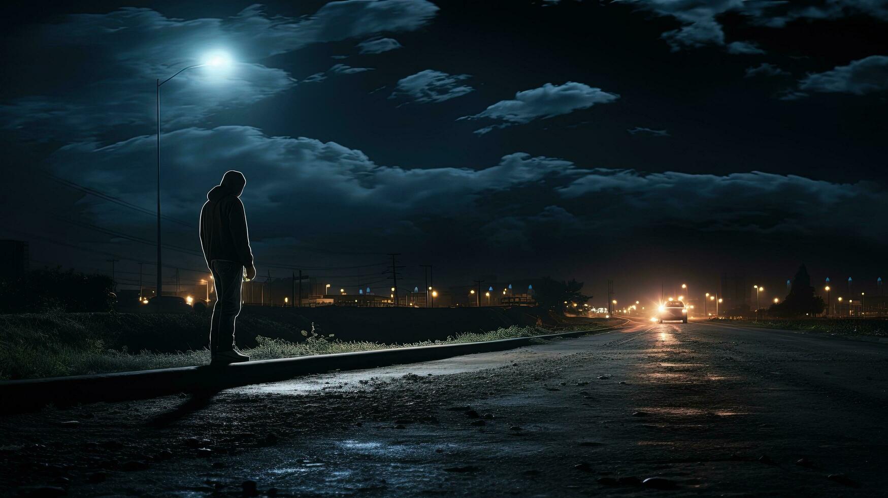 un' uomo con un' torcia elettrica esamina il strada a notte. silhouette concetto foto