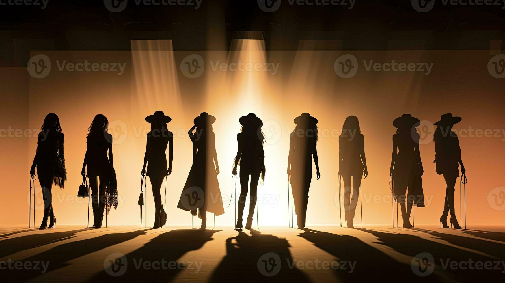 Modelli in mostra moda su un' pista di decollo durante un' mostrare o settimana dedito per moda. silhouette concetto foto