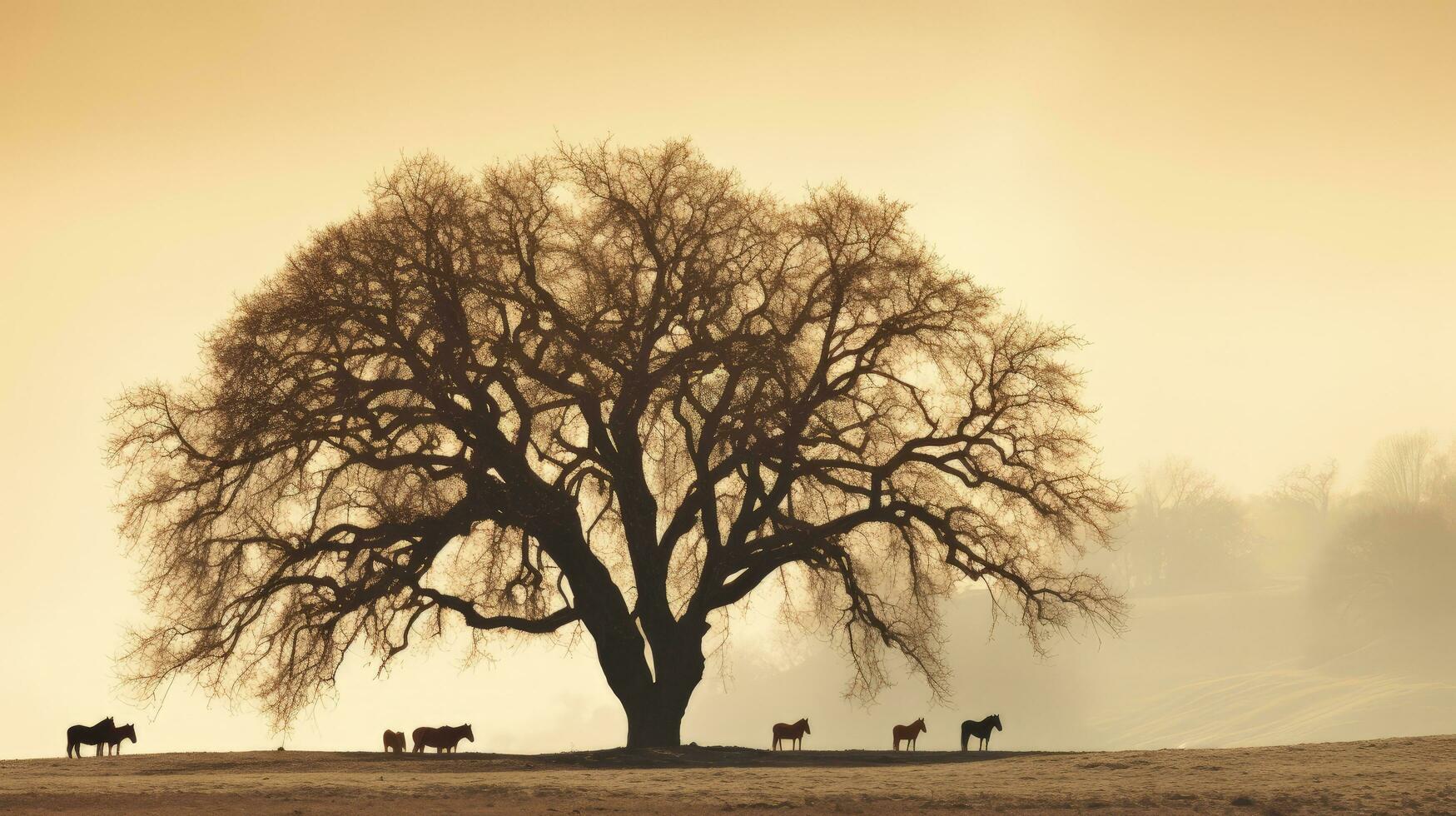 nero di seppia tonica inverno scena con quercia albero e cavalli. silhouette concetto foto