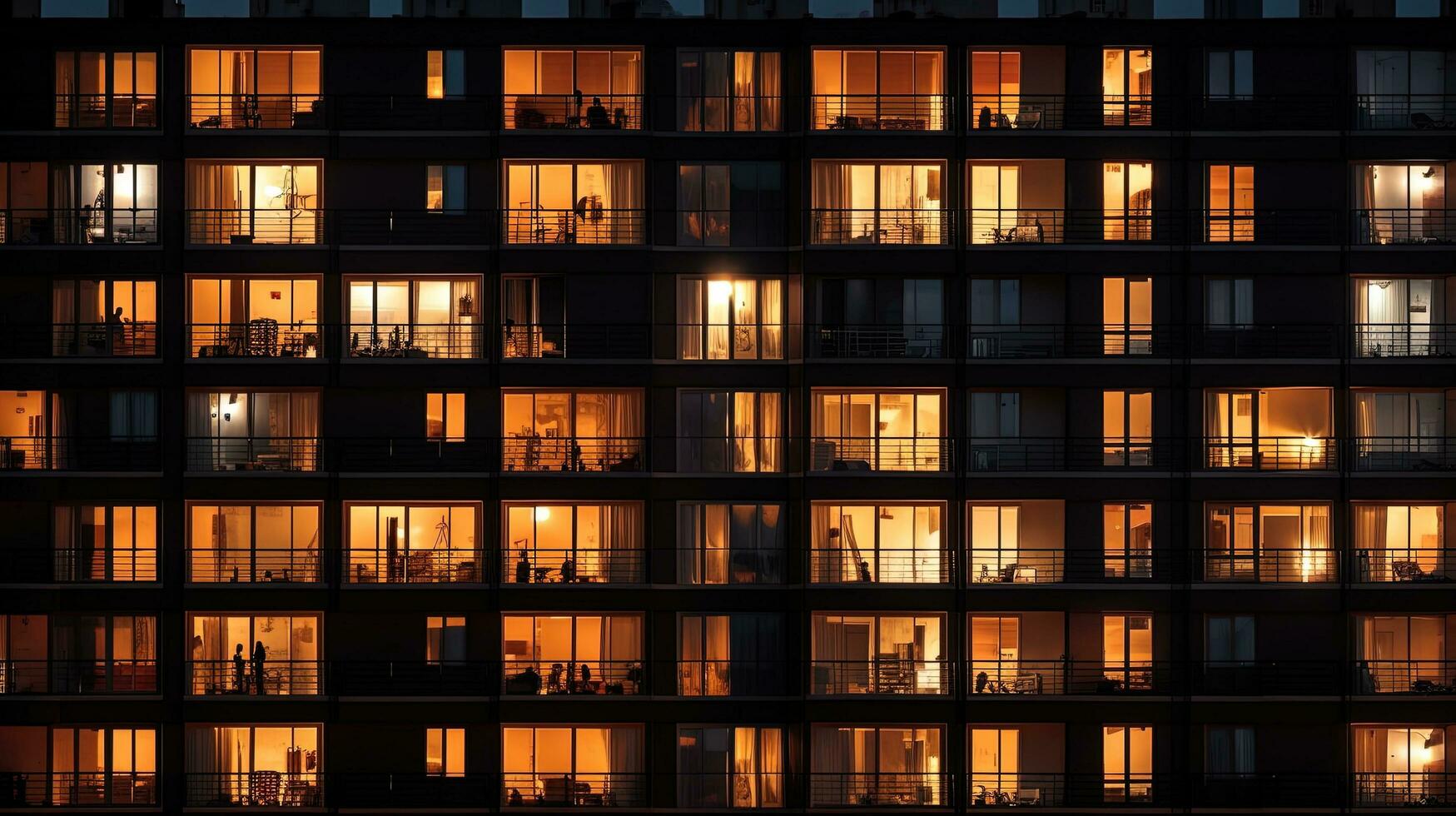 illuminato finestre di alto appartamento edificio a notte urbano sfondo. silhouette concetto foto