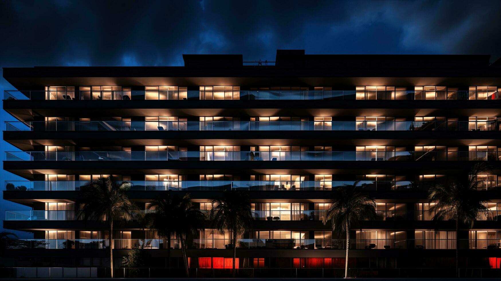 contemporaneo ore notturne architettura con uniforme finestre e balconi nel un' Residenziale o Hotel edificio. silhouette concetto foto