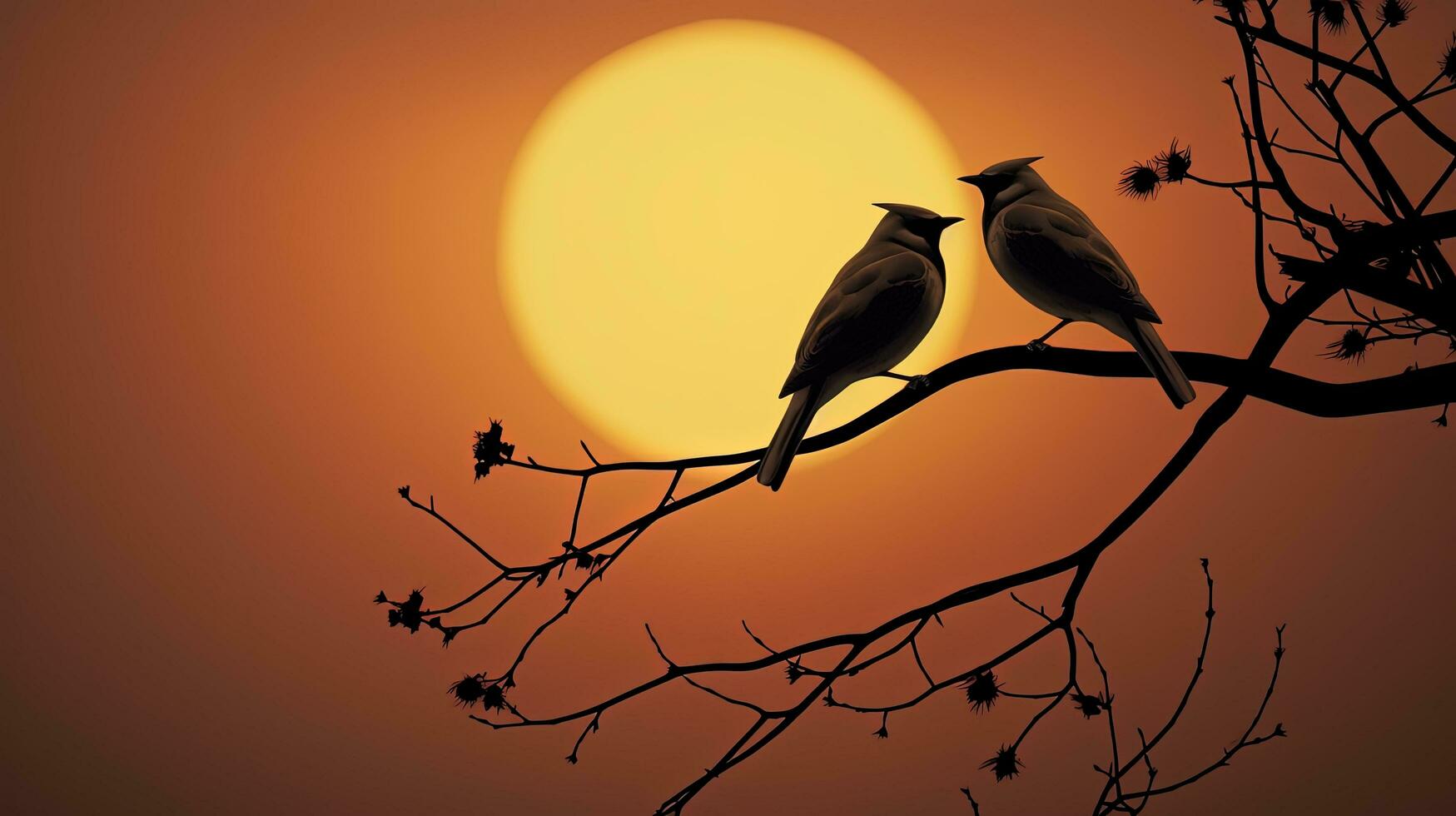 paio di waxwing uccelli delineato di il pieno Luna a crepuscolo. silhouette concetto foto