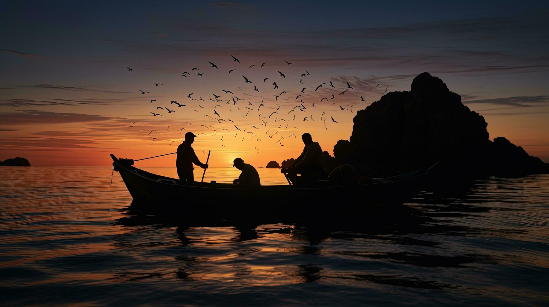 nel Progresso Messico pescatori su un' piccolo barca siamo staglia contro forte controluce con un' neotropico cormorano arroccato su rocce nelle vicinanze foto