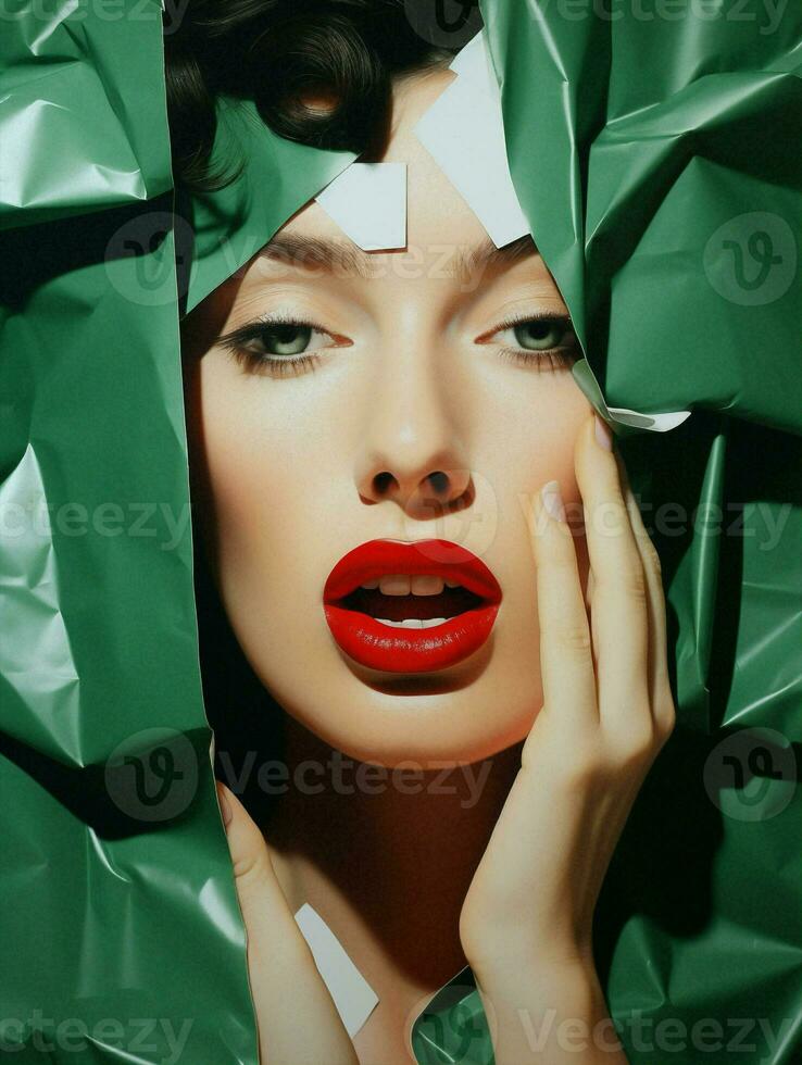 viso donna moda colore labbra verde concetto rosso carta attraente bellezza foto