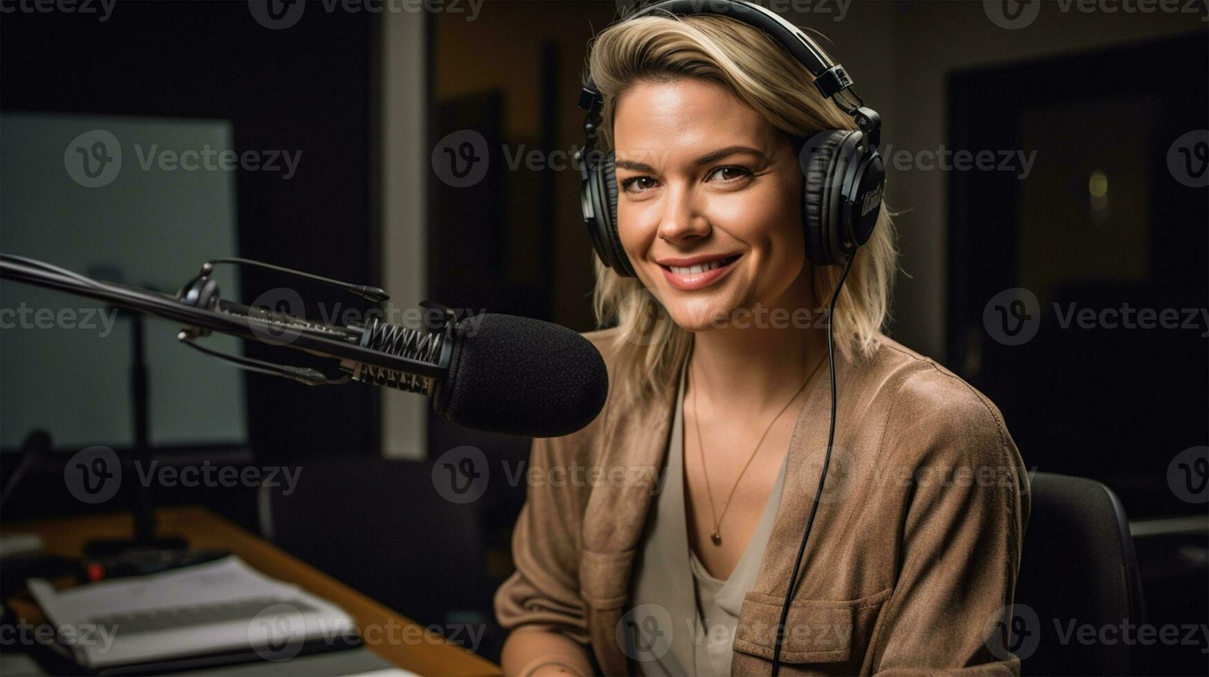 donna podcaster registrazione un Audio Podcast nel un' Radio stazione o Podcast studio, con un' messa a fuoco su sua viso ai generato foto