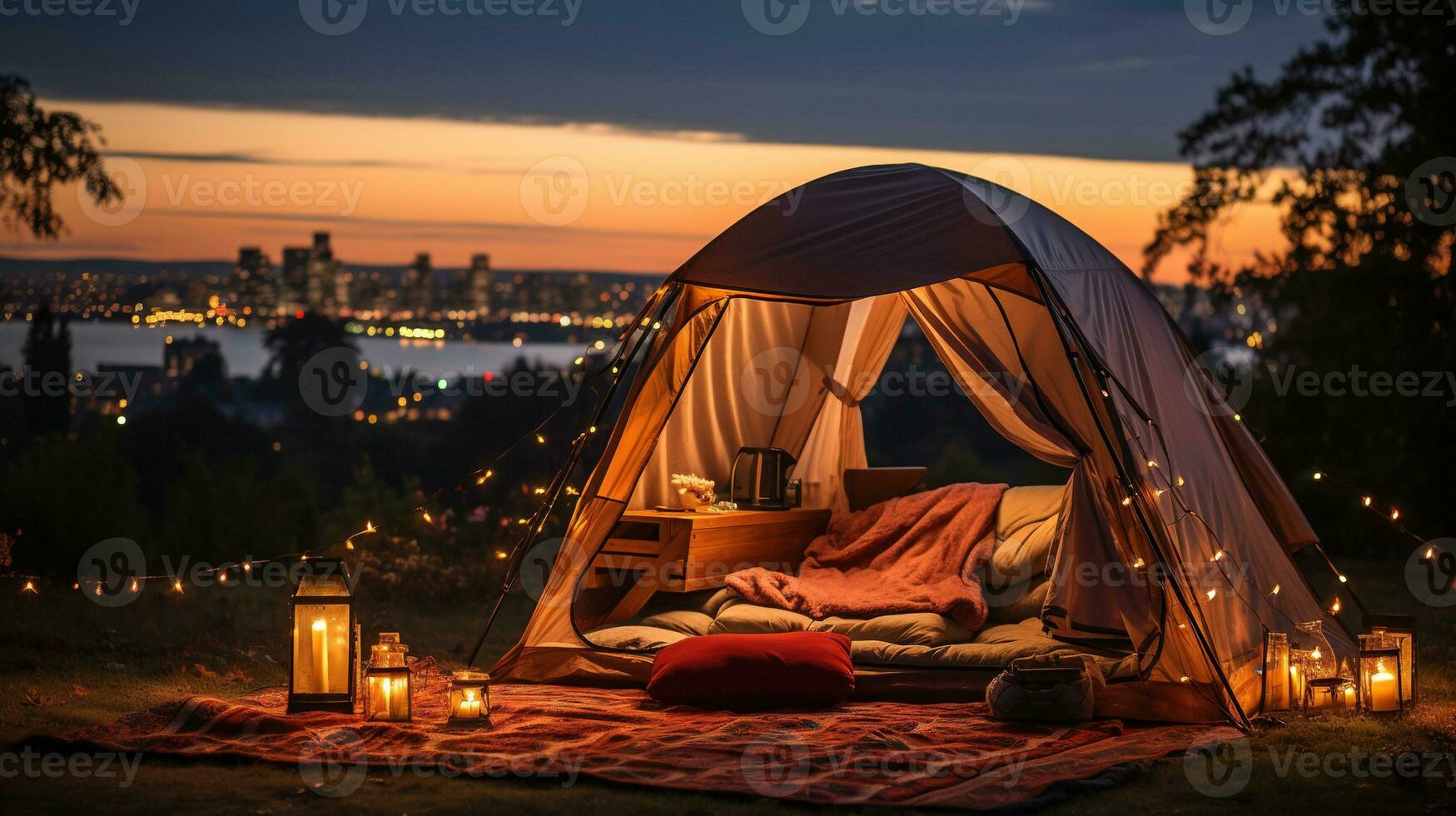 generativo ai, romantico campeggio con lanterna luci, cuscini, lenzuolo. città Visualizza nel il sera foto