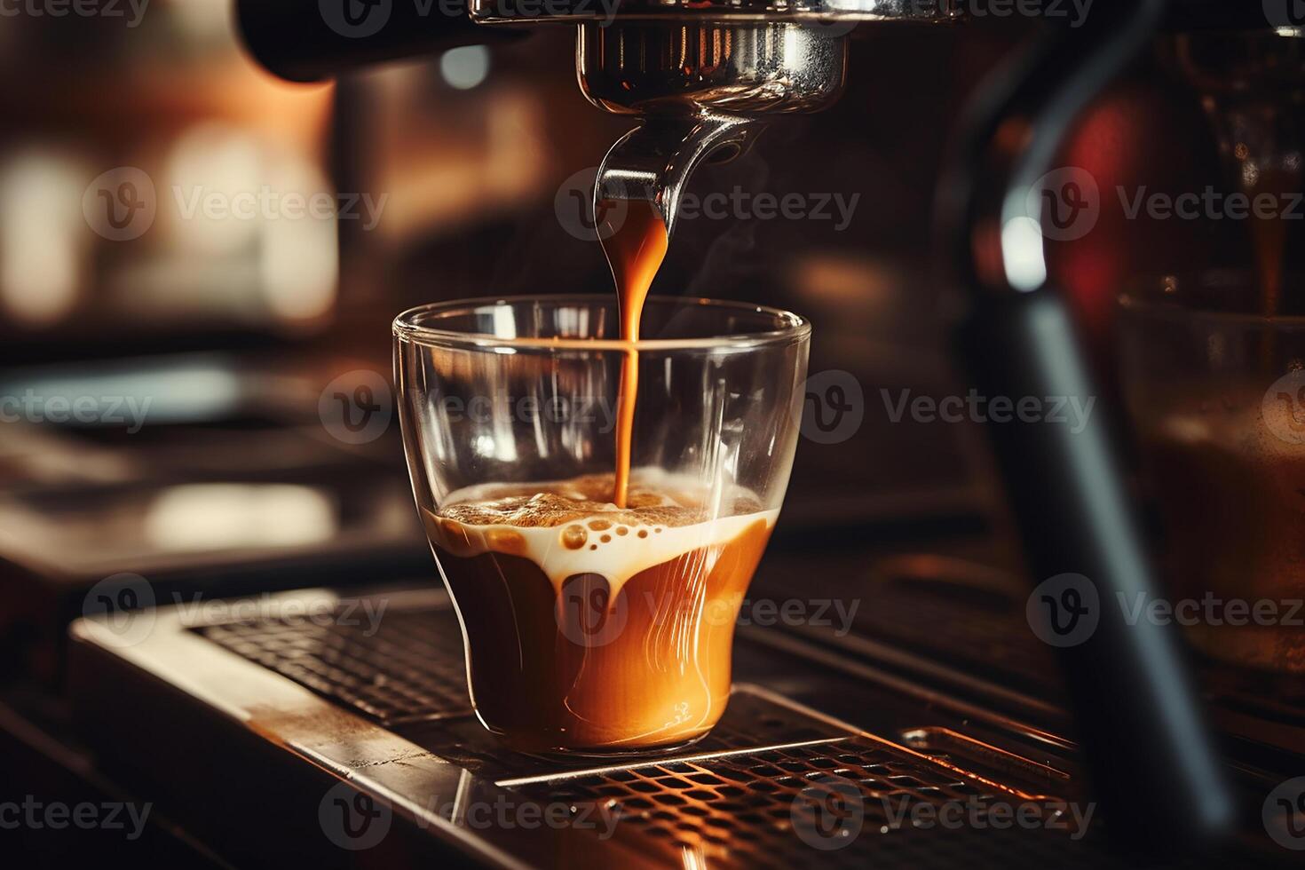 caffè espresso scrosciante a partire dal caffè macchina fluente in il chiaro piccolo bicchiere nel bar ai generativo foto