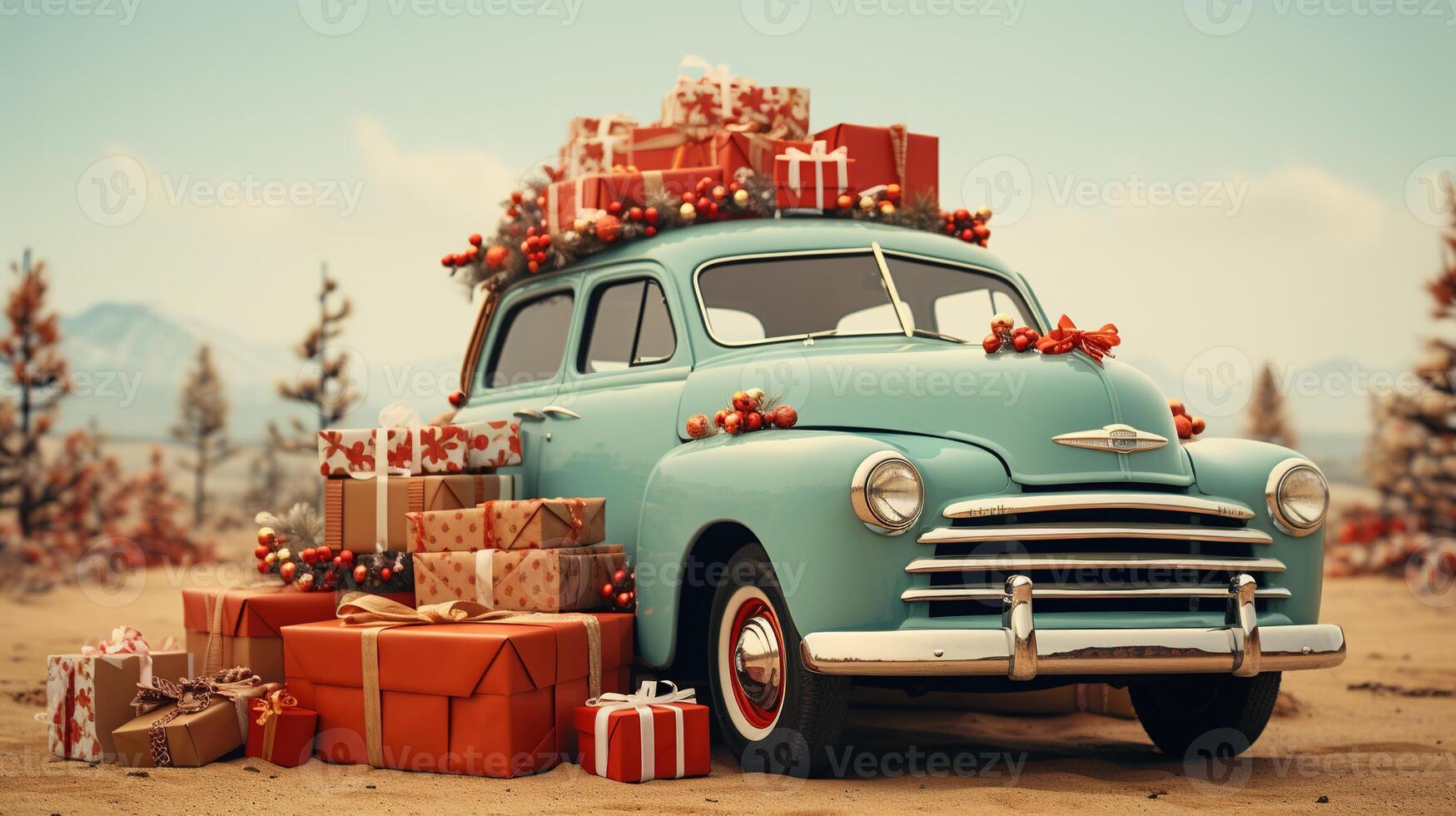 generativo ai, Vintage ▾ Natale auto con molti i regali, blu e rosso colori. saluto natale carta, inverno vacanze foto