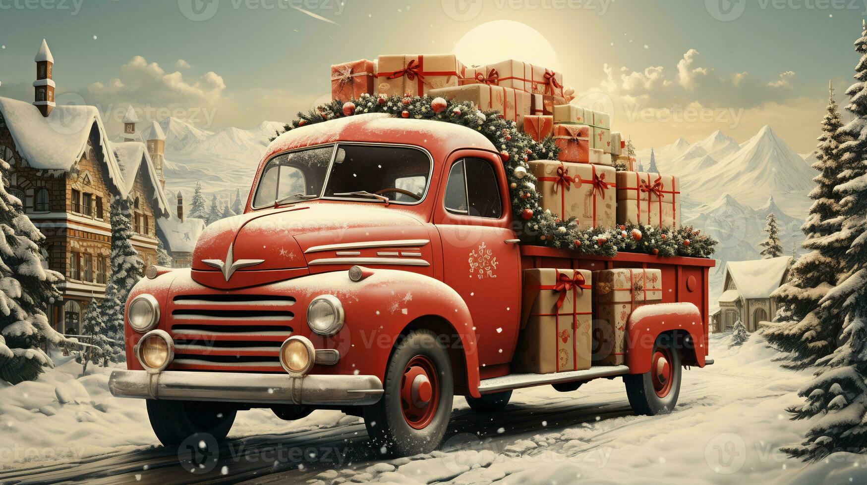 generativo ai, Vintage ▾ Natale auto con molti i regali, blu e rosso colori. saluto natale carta, inverno vacanze foto