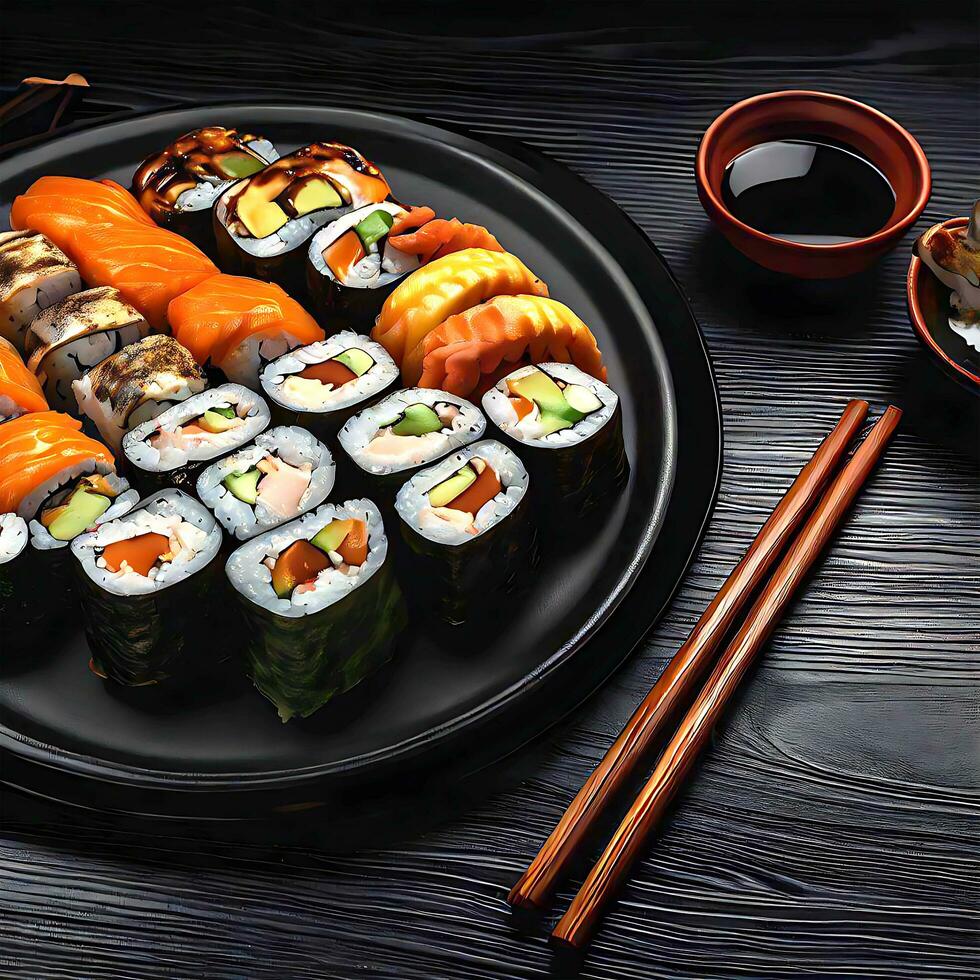 un' piatto di Sushi rotoli su un' tavolo, giapponese cibo ai generato Immagine foto