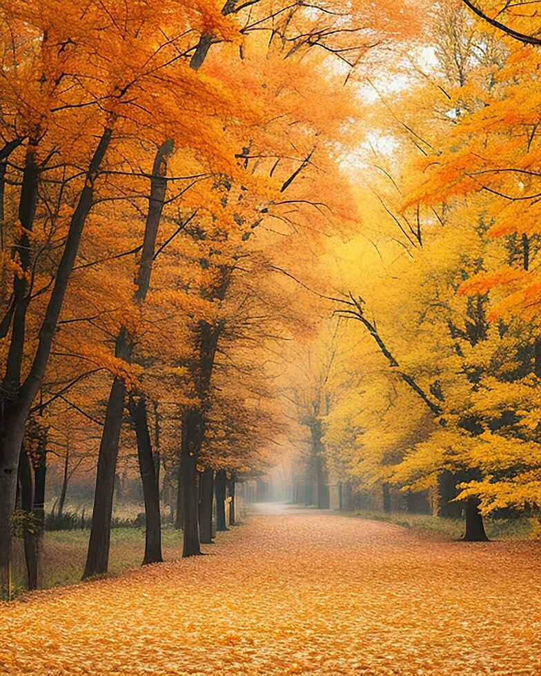 foto strada è circondato di alberi con colorato le foglie durante autunno ai-generato