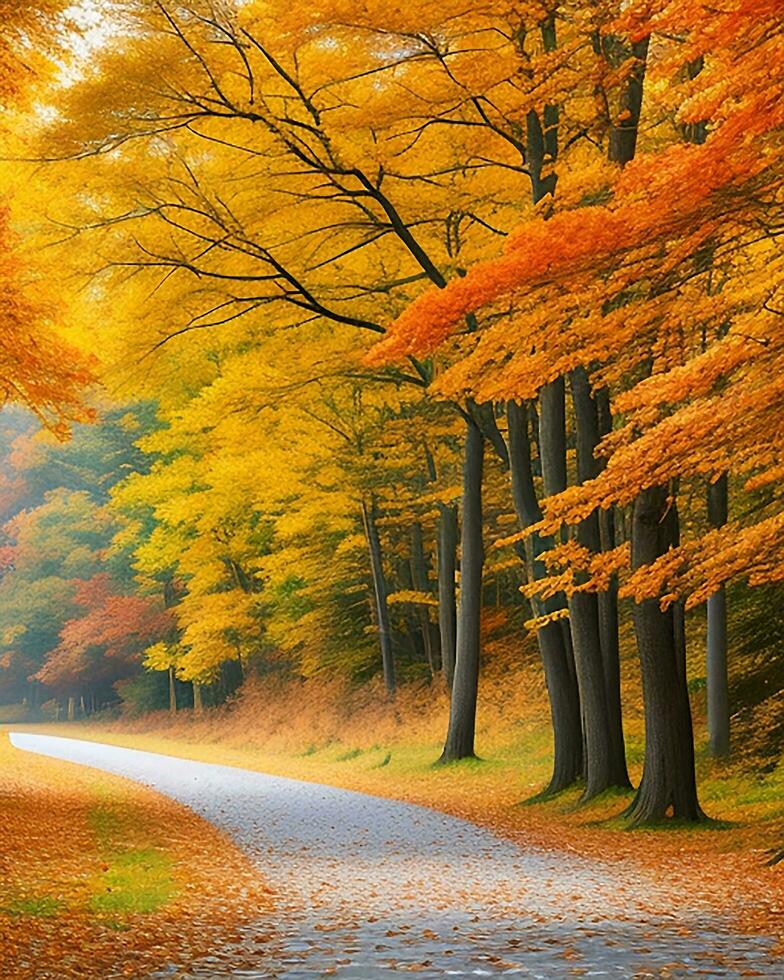 foto strada è circondato di alberi con colorato le foglie durante autunno ai-generato