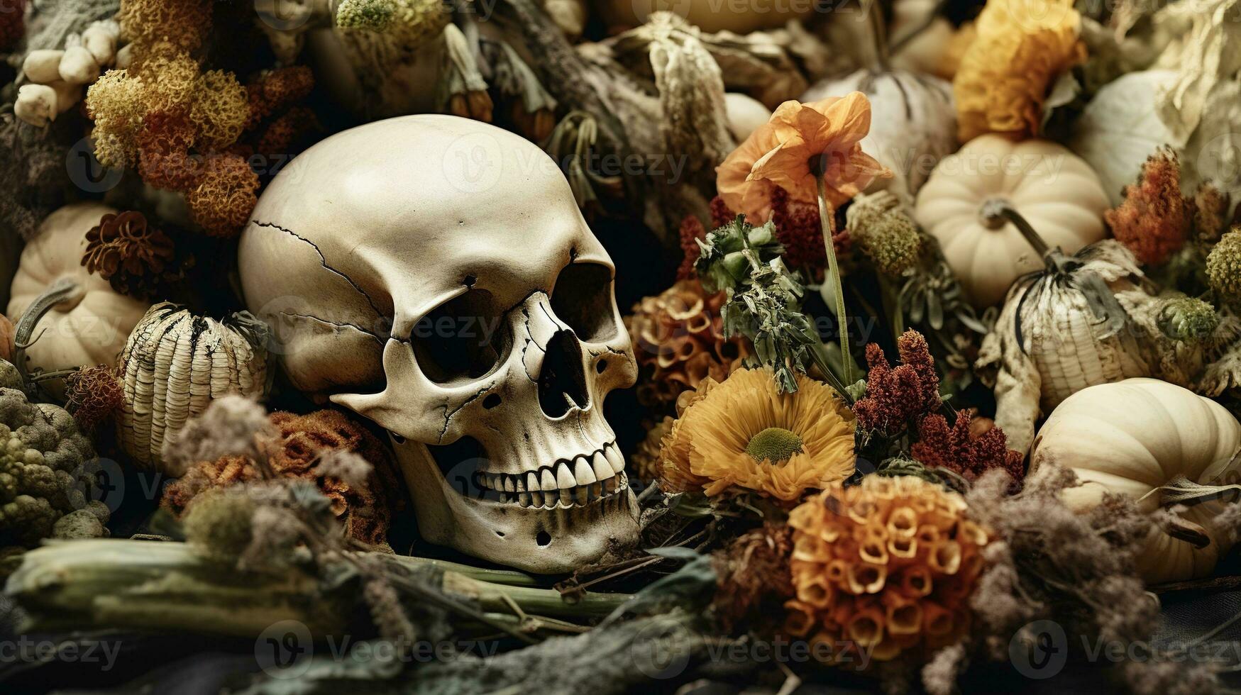 generativo ai, Halloween sfondo con cranio, fiori e piume nel boho stile, smorzato neutro colori, casa decorazione foto