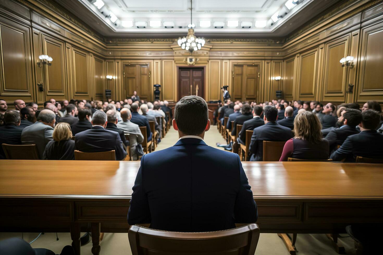 une avocare vue de dos entre dans un tribunale foto
