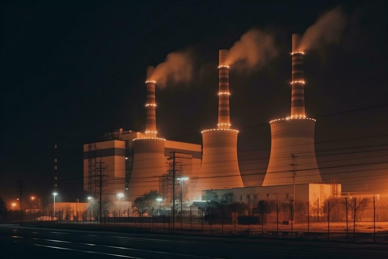 carbone energia pianta complesso a custodito industriale quartiere con tre ciminiere a notte generativo ai foto