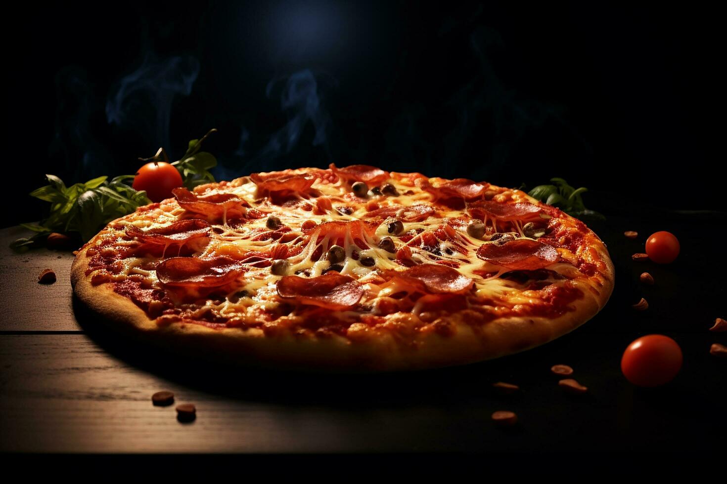 peperoni Pizza su il di legno tavola con buio illuminazione e nero sfondo. cibo e consegna concetto. generativo ai foto