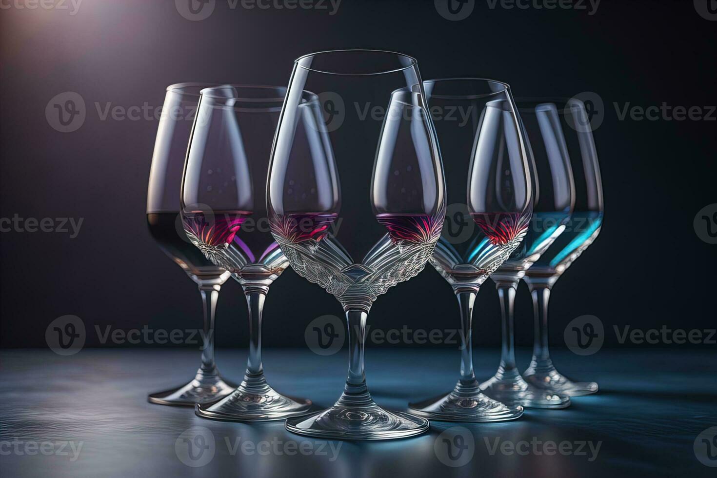 vino bicchieri su un' di legno tavolo contro il sfondo. ai generativo foto