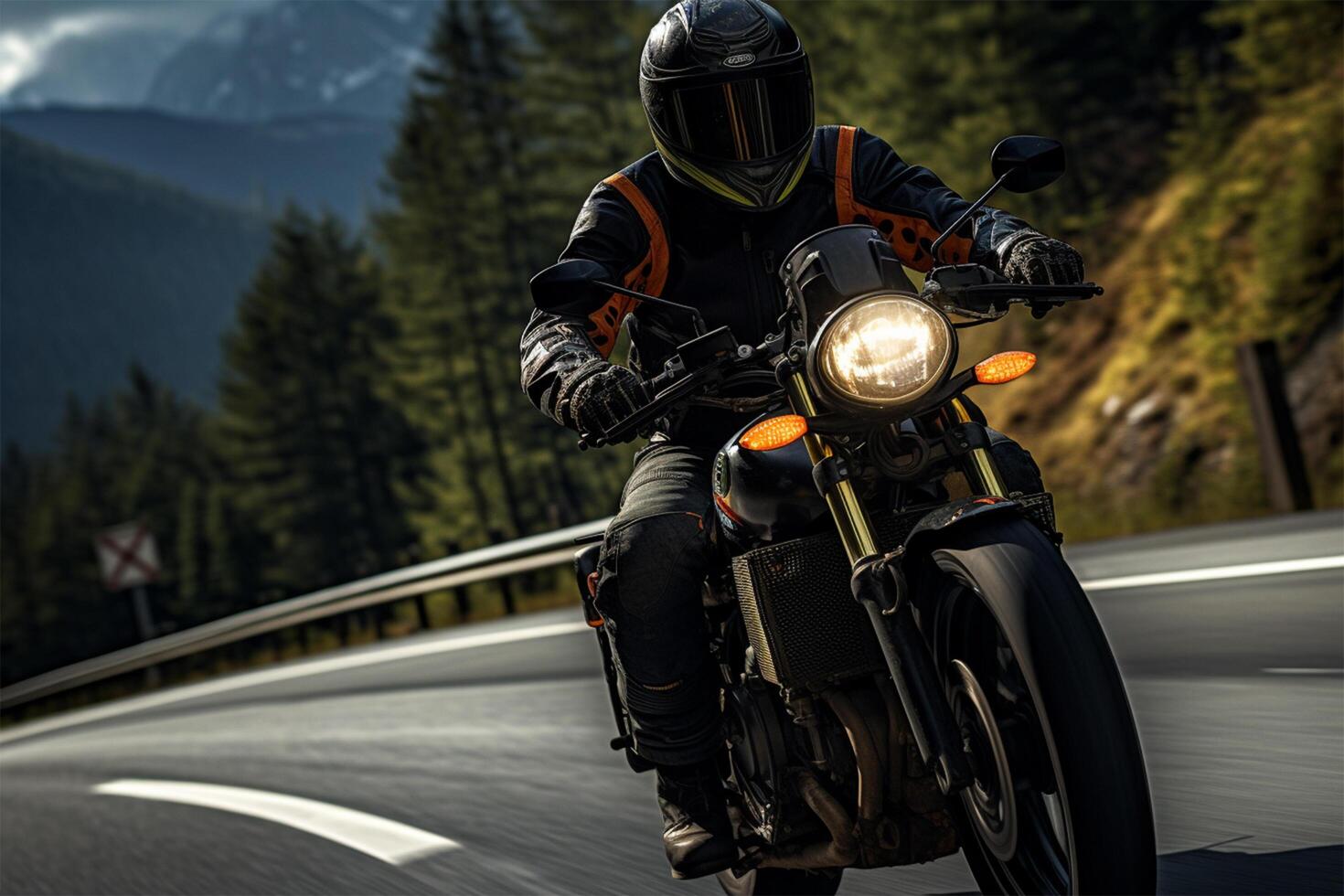 motociclo autista su un alpino autostrada senza pedaggio ai generato foto