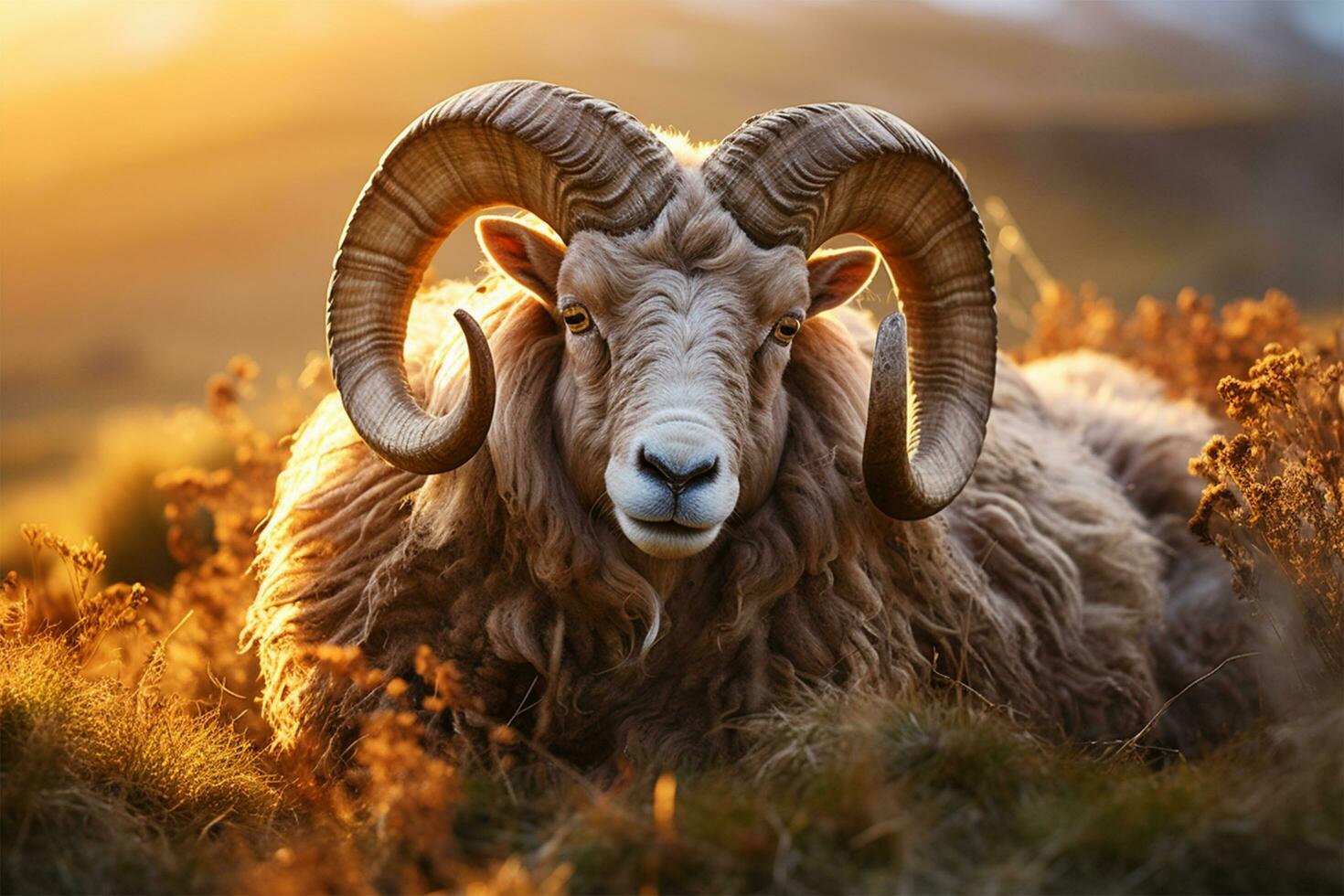 islandese pecora montone con magnifico cavatappi corna di cui nel il erba n campo nel caldo tramonto leggero , Eid-al-Adha concetto ai generato foto