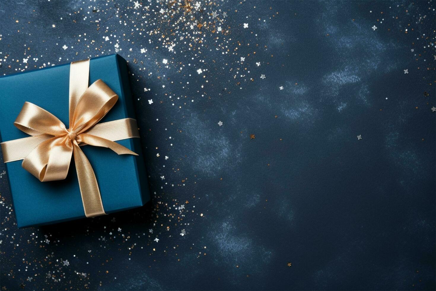ai generato elegante blu presente scatola con d'oro arco su un' buio blu sfondo, copia spazio. regalo scatola, superiore Visualizza. foto