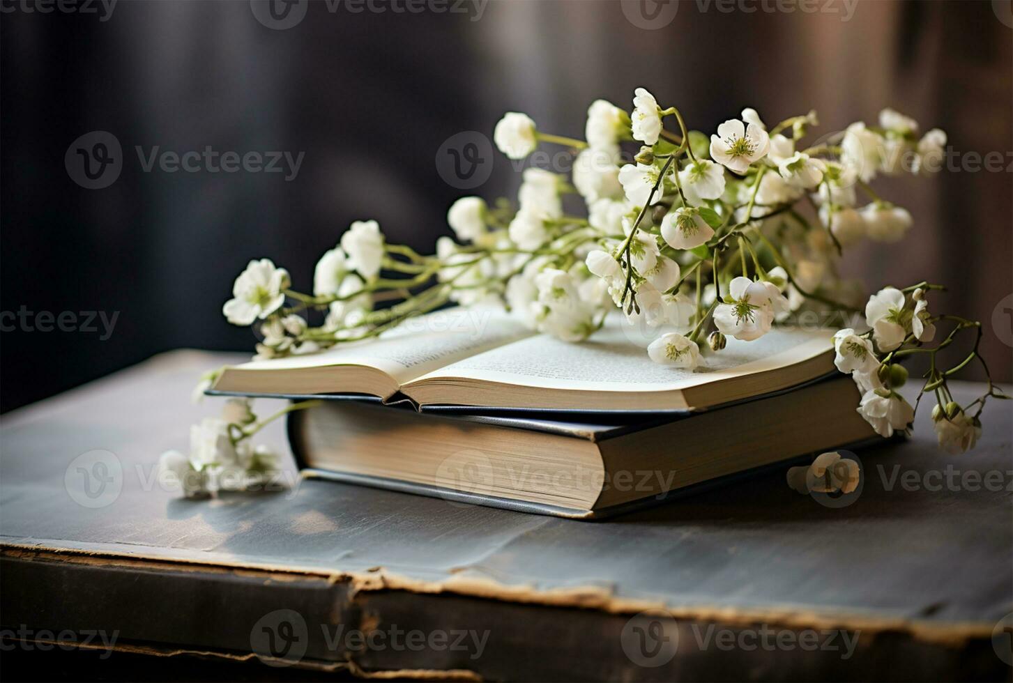 Aperto libro con mazzo di fiori su di legno tavolo, avvicinamento ai generato foto
