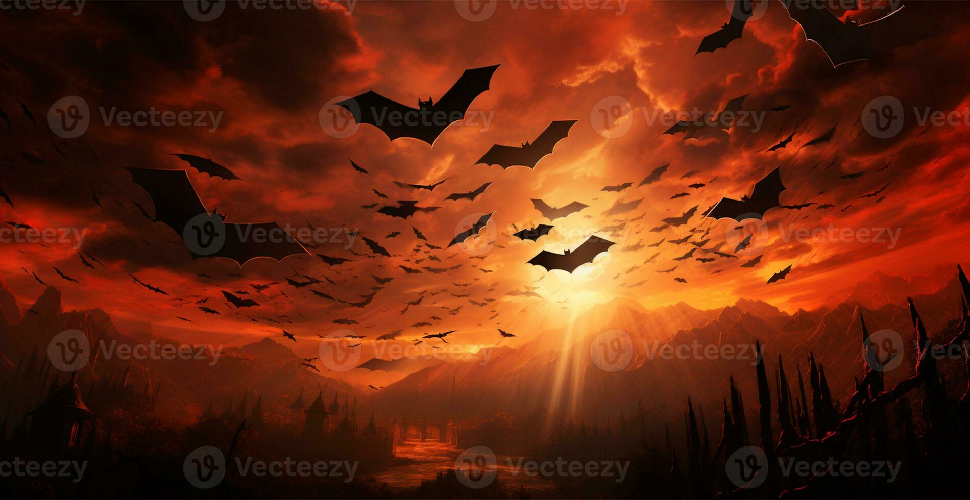 molti pipistrelli volante a luminosa rosso tramonto, festivo notte di il morto, Halloween - ai generato Immagine foto