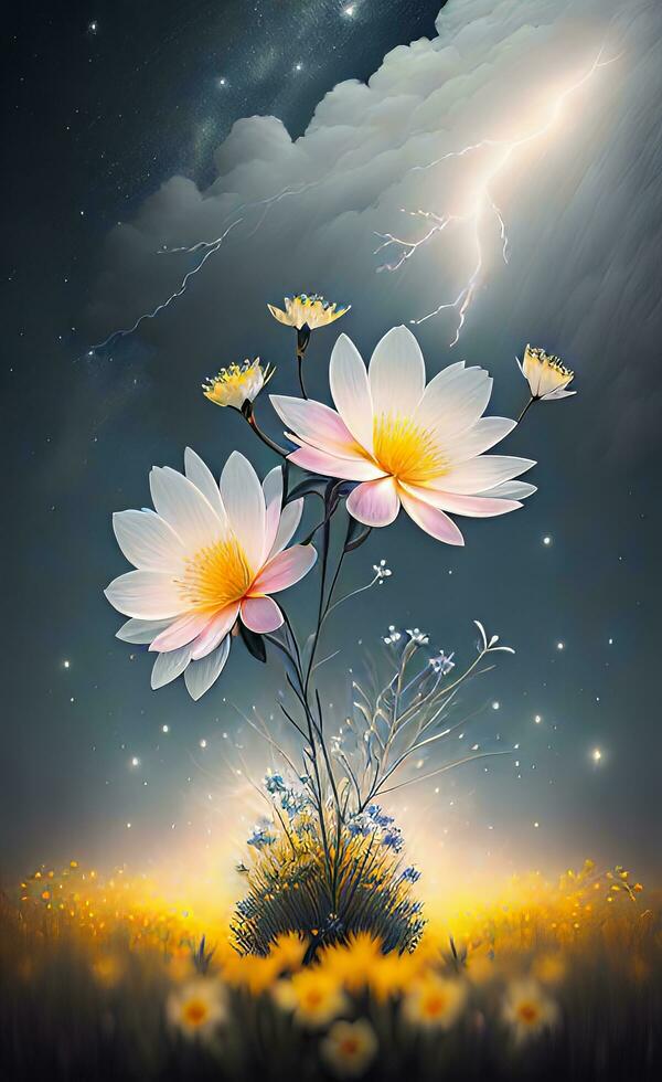 un Immagine quello combina il energia di fulmine con il delicato bellezza di fioritura fiori. foto