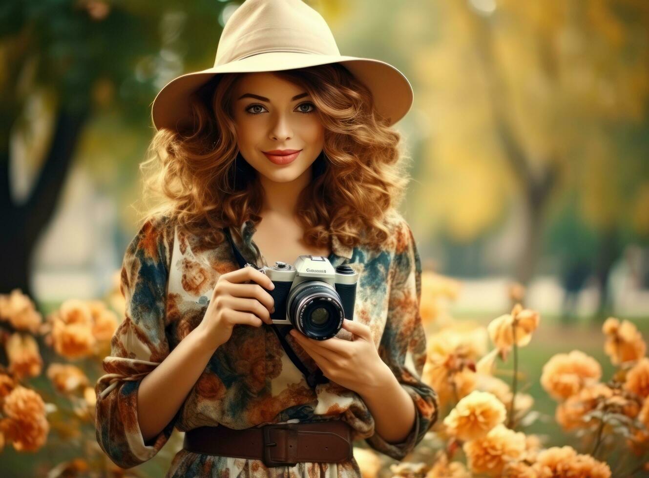 bellissimo femmina autunno donna con telecamera nel parco foto