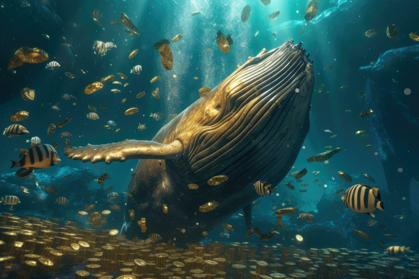 subacqueo scena con balena e pesce. 3d rendere illustrazione. grande balena mangiare migliaia di d'oro monete di bitcoin nel il oceano sott'acqua, ai generato foto