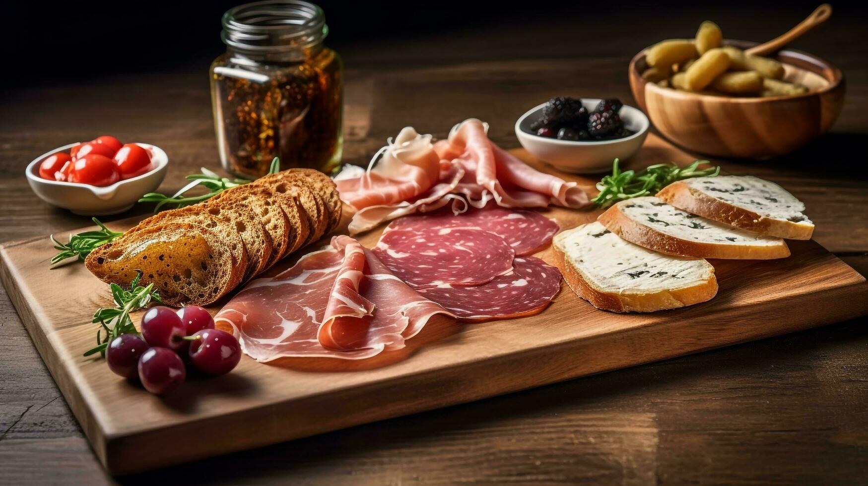 un' selezione di guarito carni e pane su un' di legno chopping asse, ai generato foto