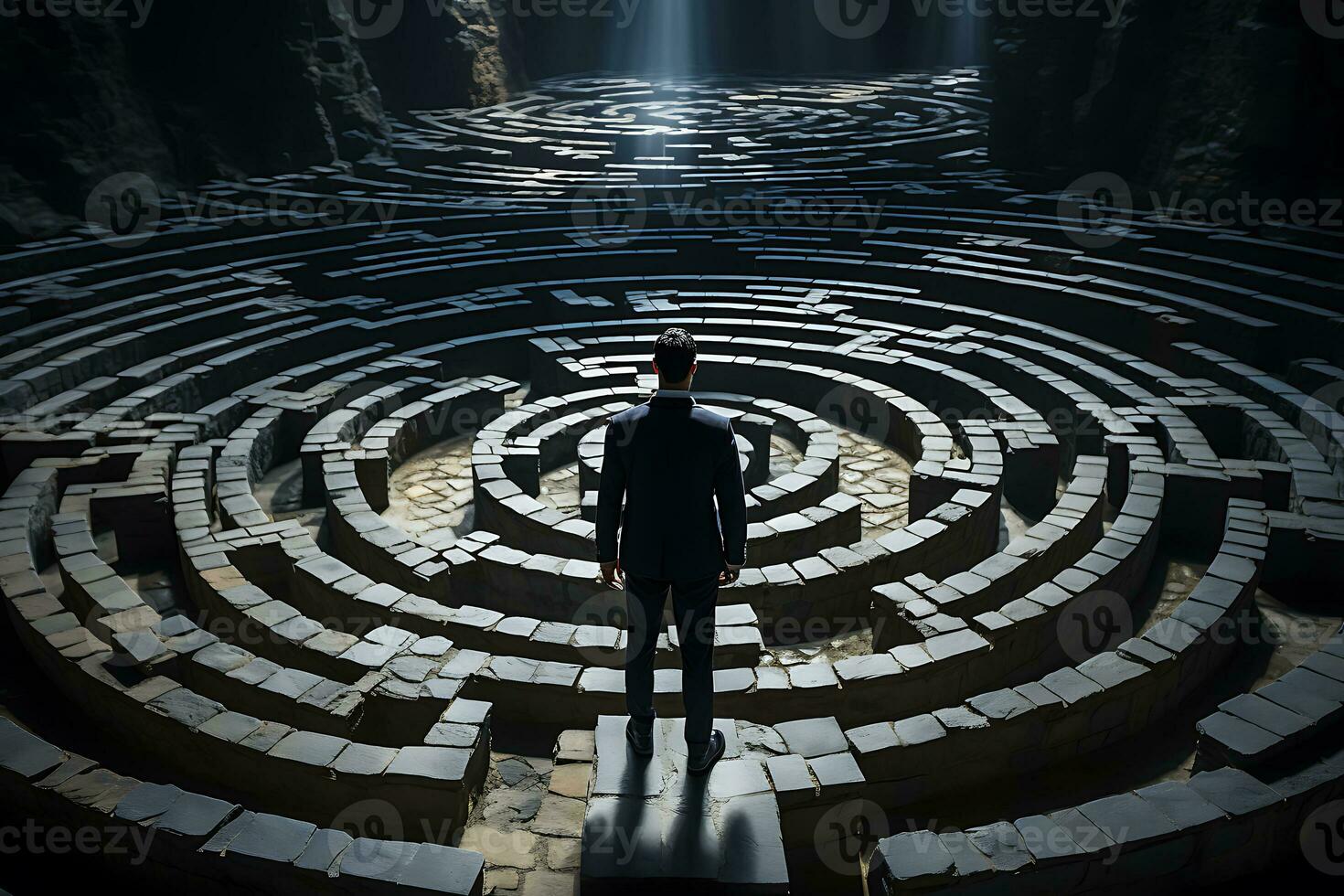 uomo d'affari in piedi nel il labirinto Ingresso guardare per soluzione. ai generato foto