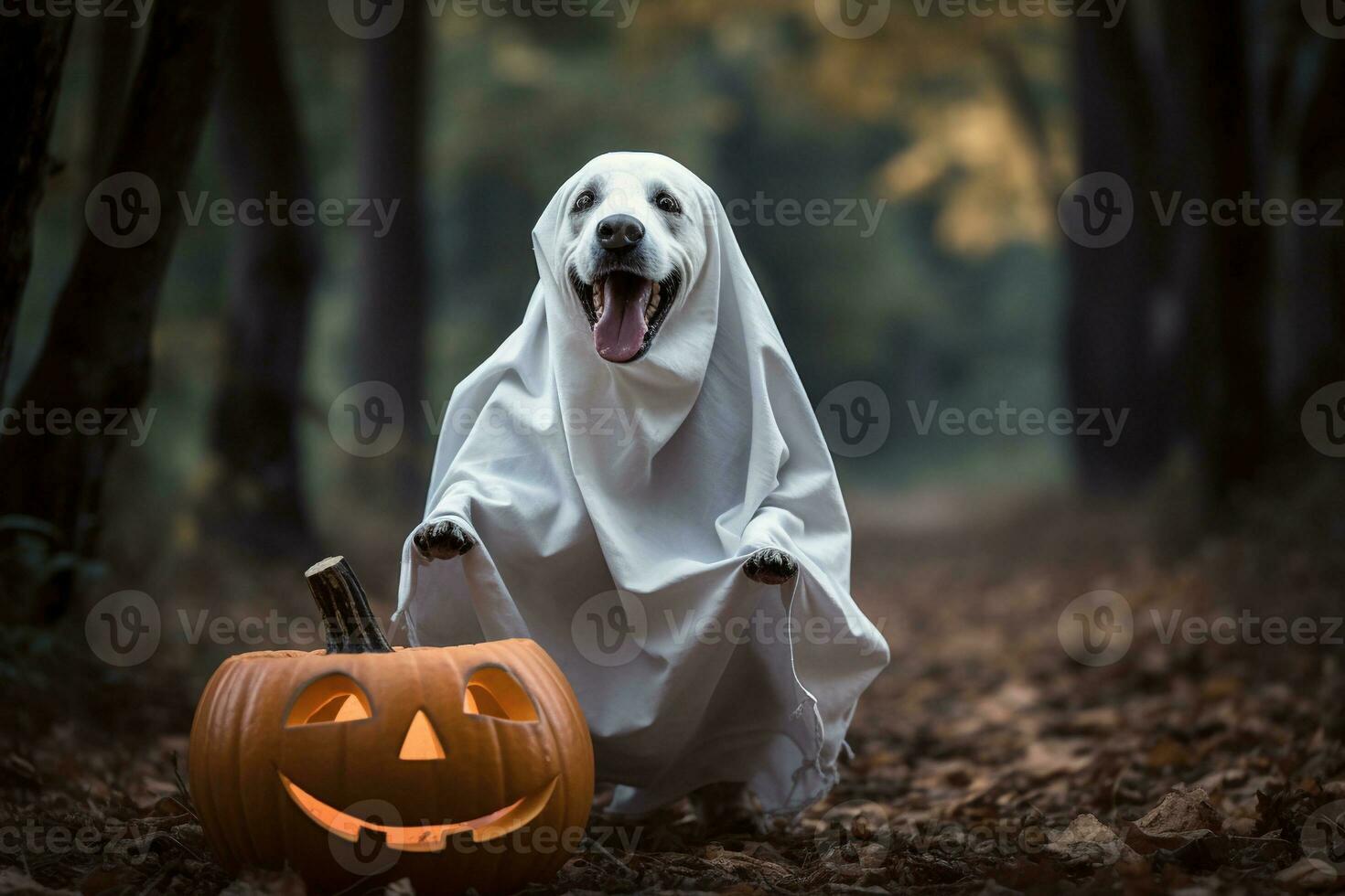 Halloween tema. cane nel fantasma costume con zucche su buio sfondo ai generato foto