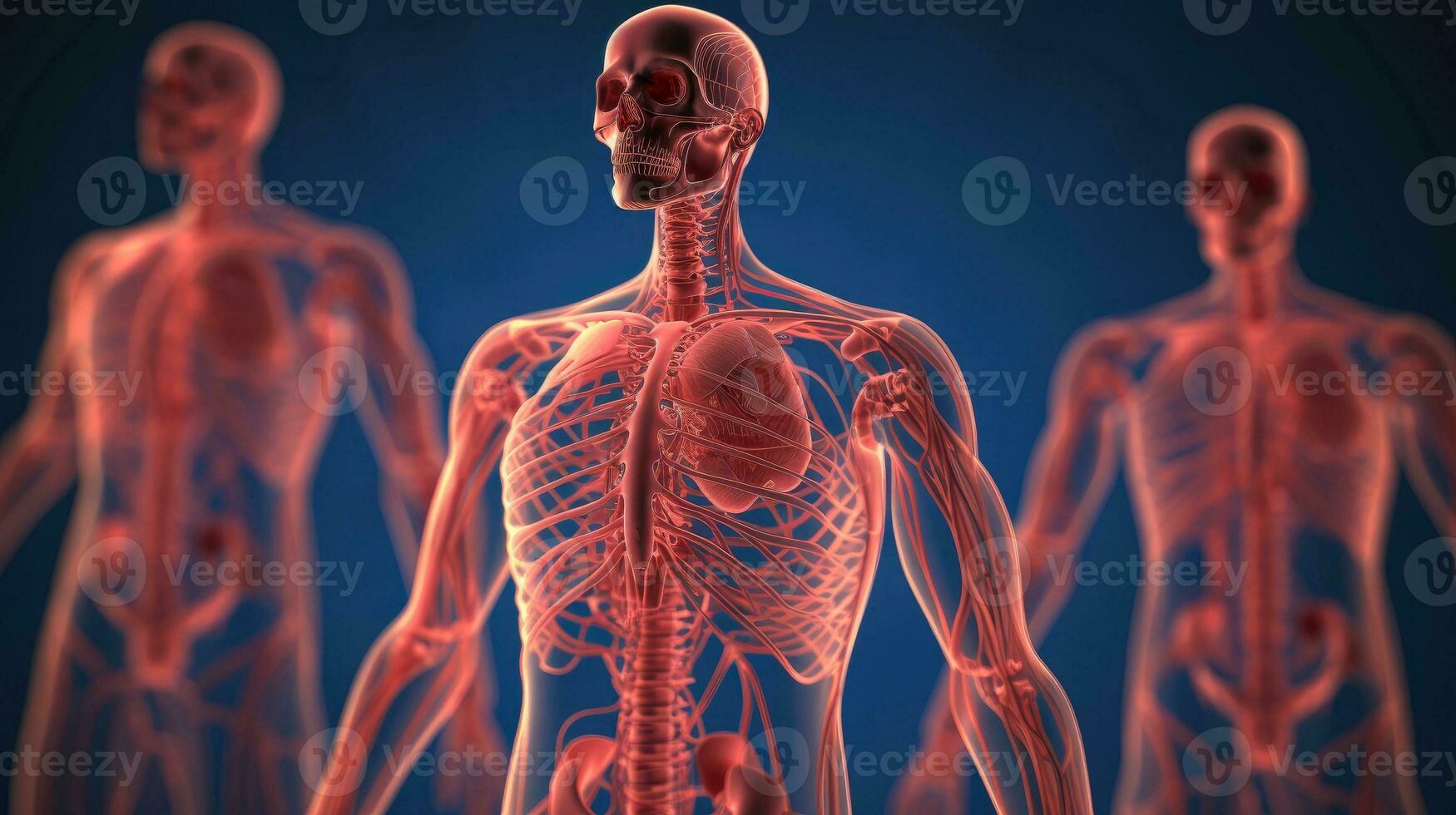 3d illustrazione modello di il umano organo sistema, anatomia, nervoso, circolatorio, digestivo, escretore, urinario e osso sistemi. medico formazione scolastica concetto, generativo ai illustrazione foto