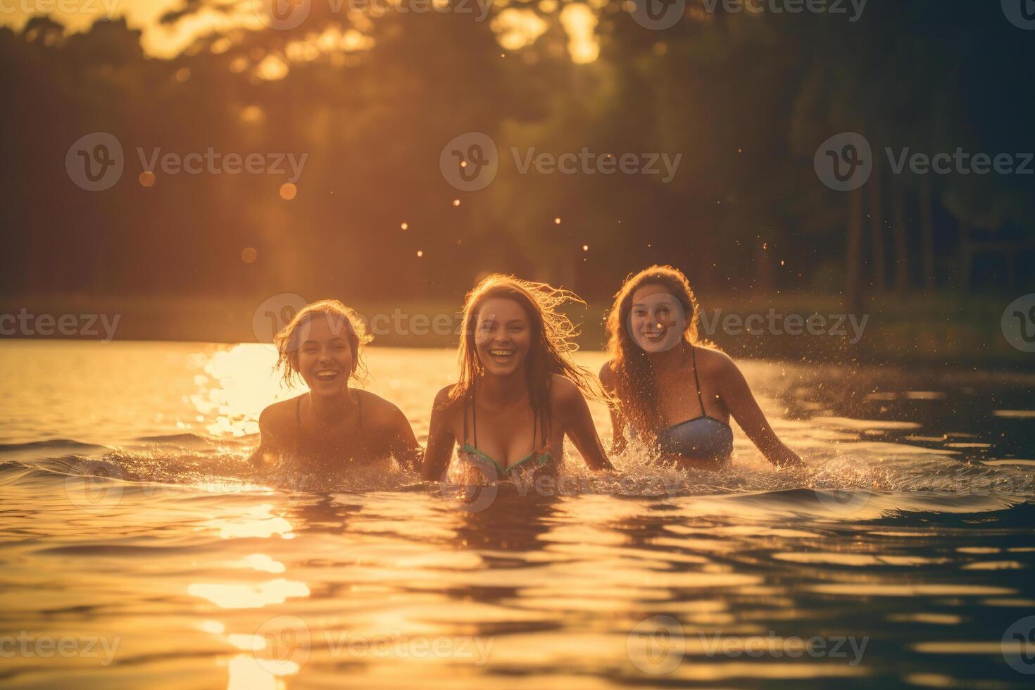 tre gioioso adolescenziale ragazze nuoto nel un' lago, godendo un' spensierato in ritardo estate pomeriggio, incarnando gioventù, libertà, e vitalità ai generativo foto